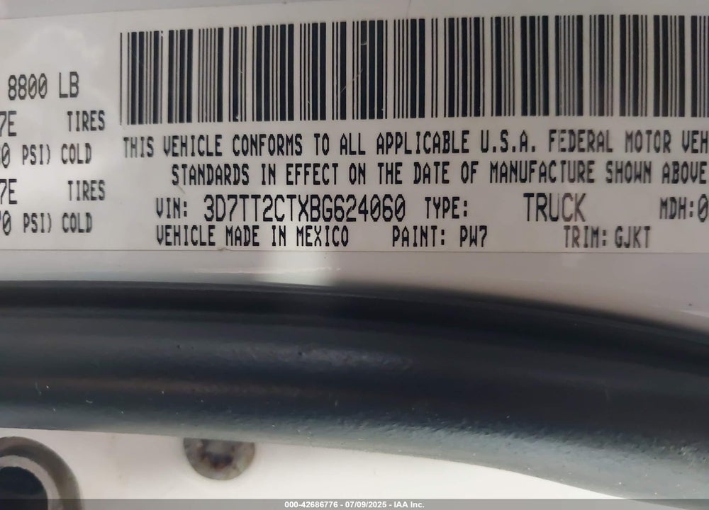 2011 RAM RAM 2500 VIN: 3D7TT2CTXBG624060