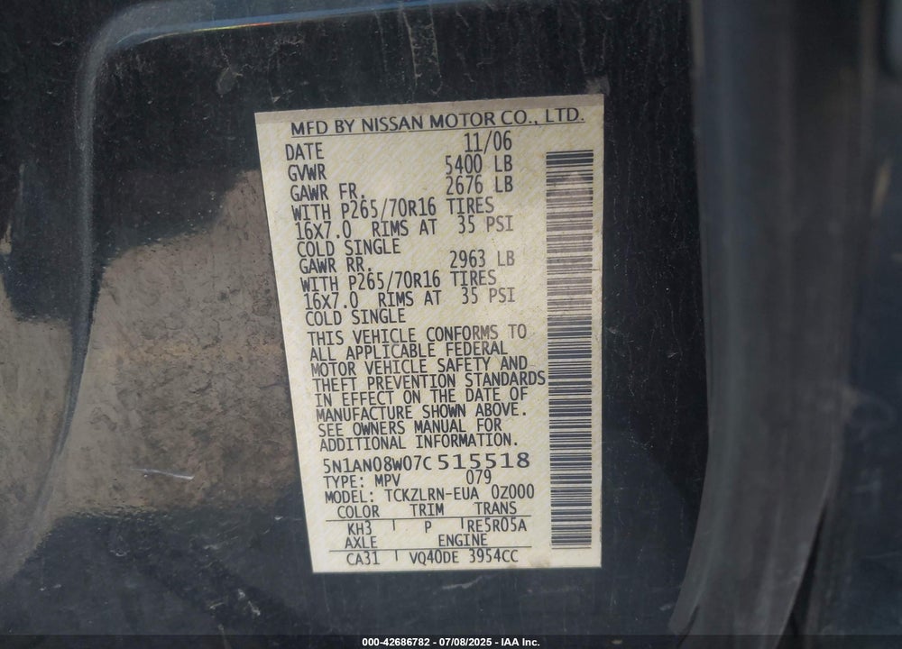 2007 NISSAN XTERRA VIN: 5N1AN08W07C515518