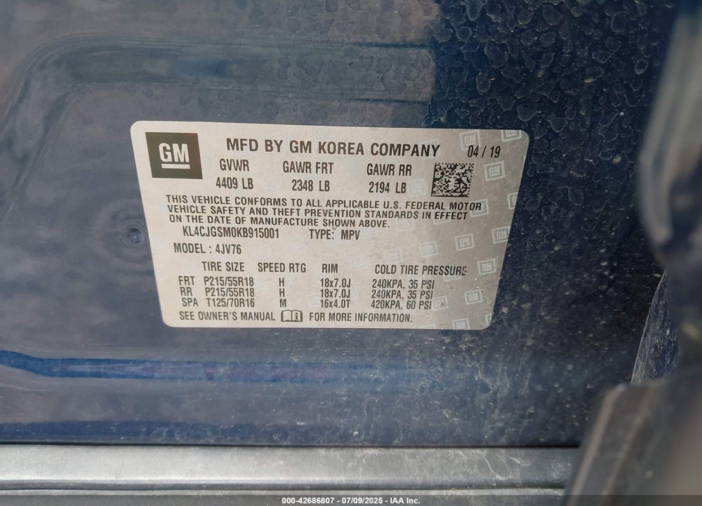 2019 BUICK ENCORE VIN: KL4CJGSM0KB915001