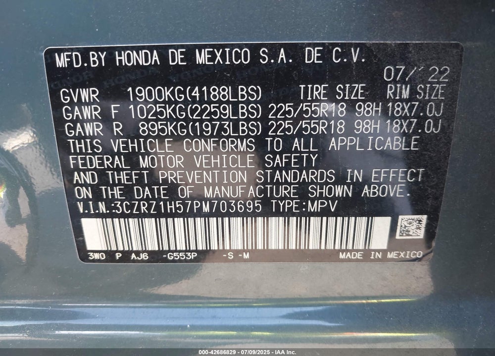 2023 HONDA HR-V VIN: 3CZRZ1H57PM703695