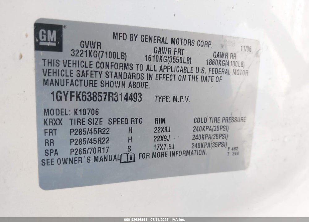 2007 CADILLAC ESCALADE STANDARD VIN: 1GYFK63857R314493