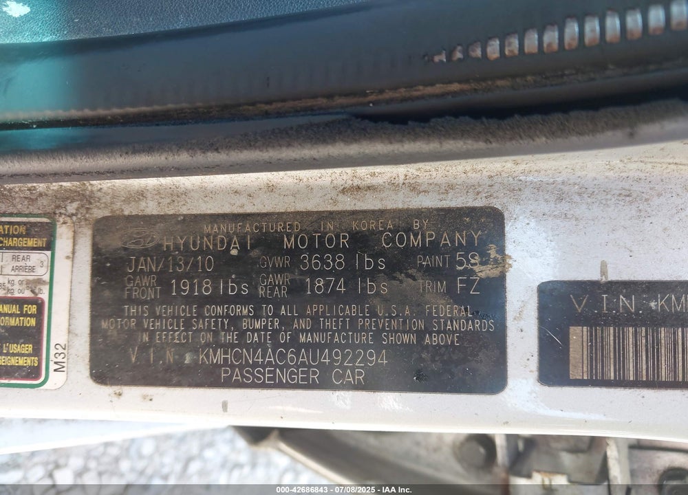 2010 HYUNDAI ACCENT VIN: KMHCN4AC6AU492294
