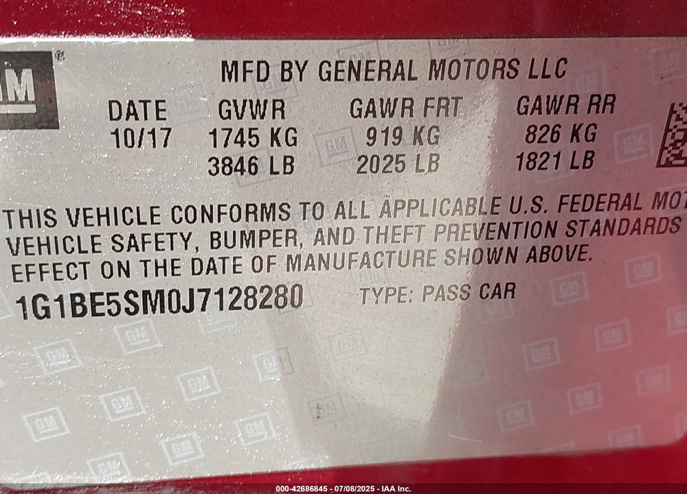 2018 CHEVROLET CRUZE VIN: 1G1BE5SM0J7128280