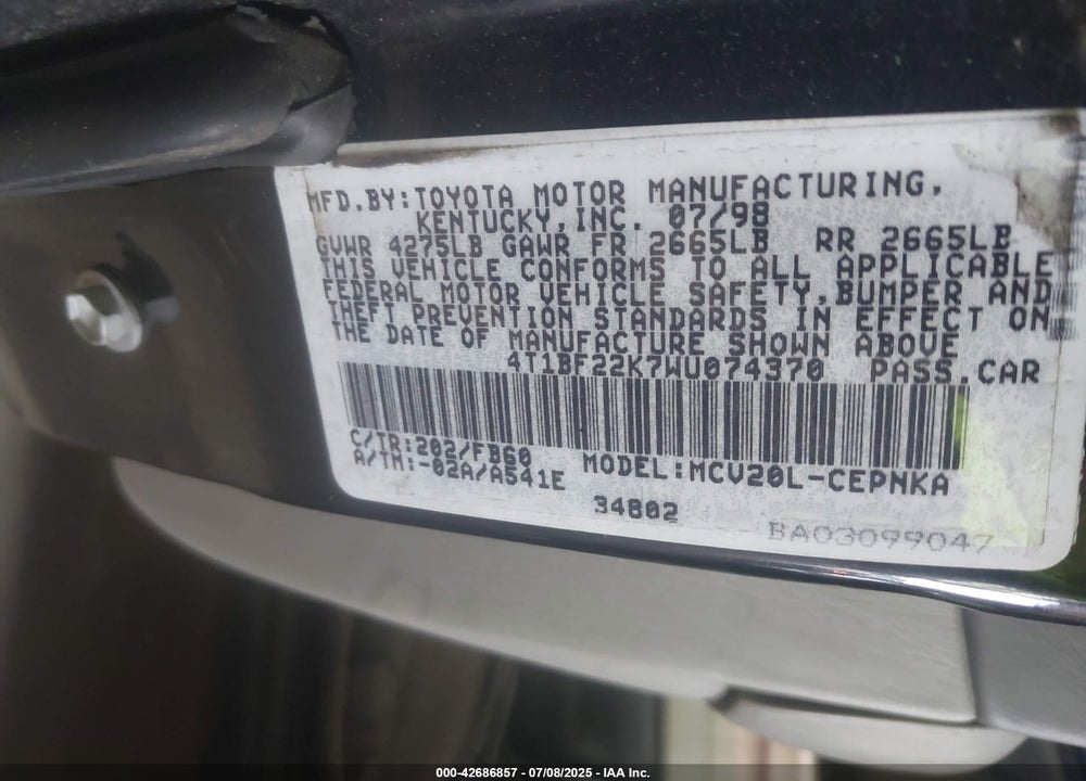 1998 TOYOTA CAMRY LE V6 VIN: 4T1BF22K7WU074370