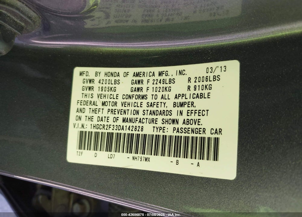 2013 HONDA ACCORD VIN: 1HGCR2F33DA142828