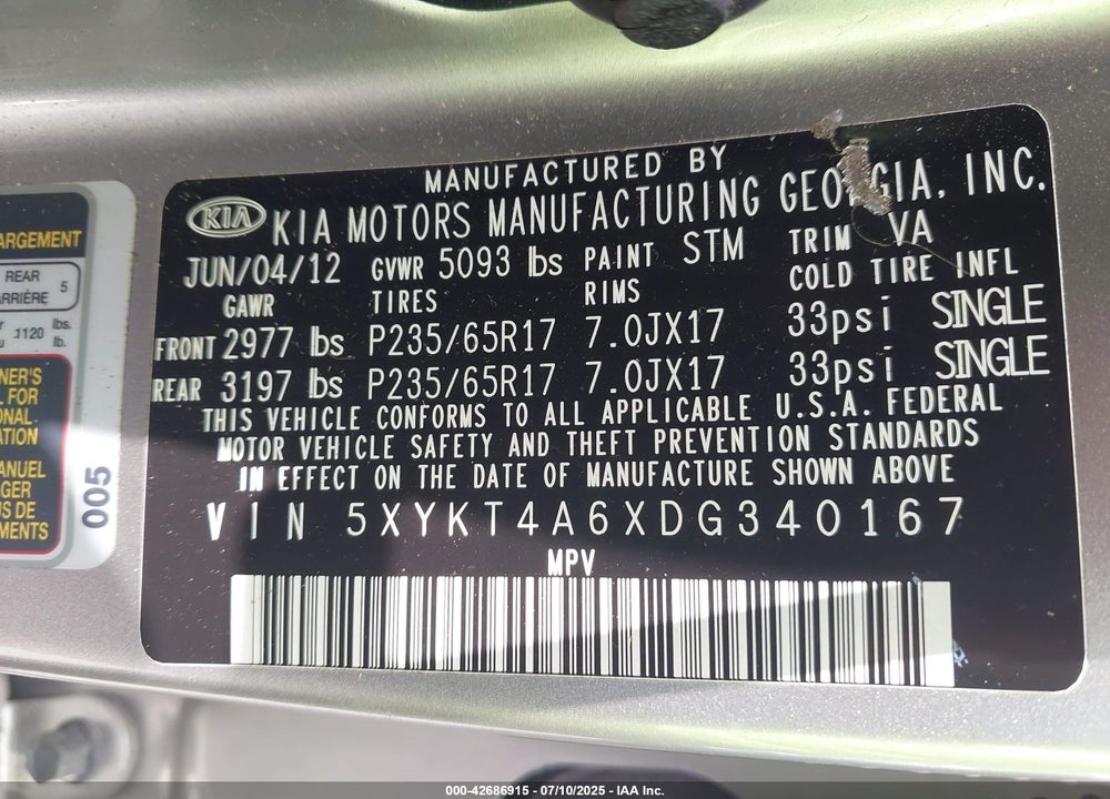 2013 KIA SORENTO VIN: 5XYKT4A6XDG340167
