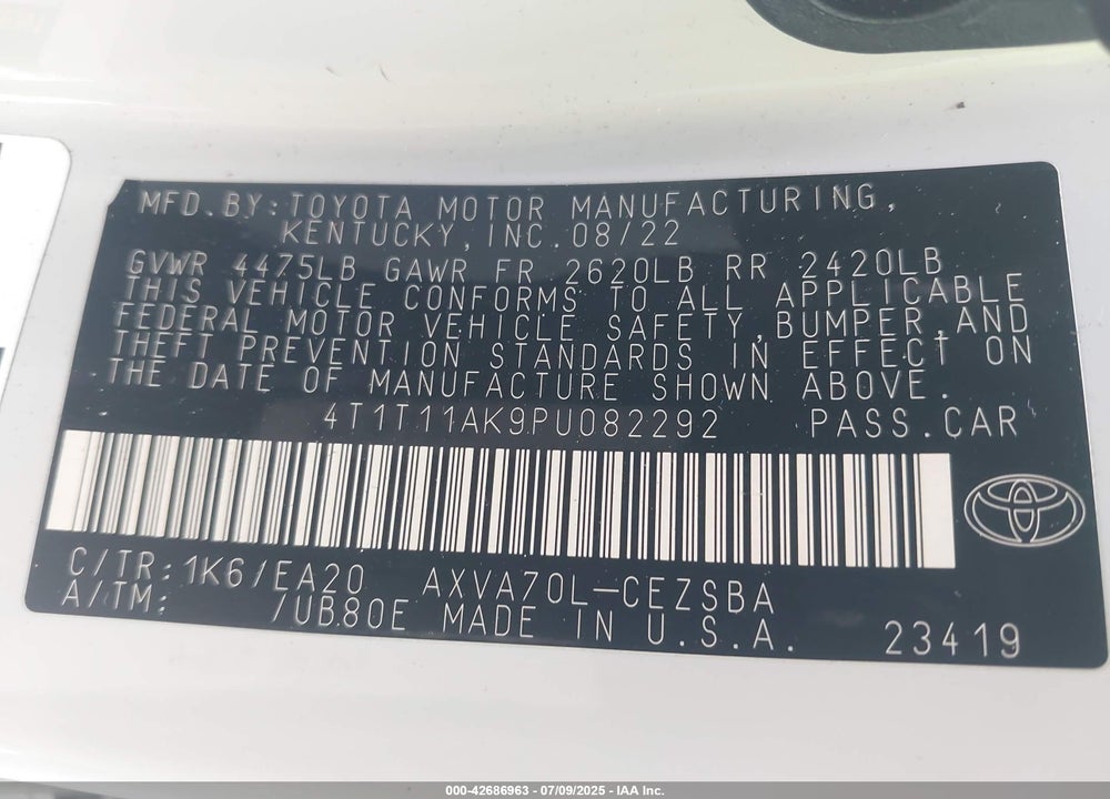 2023 TOYOTA CAMRY VIN: 4T1T11AK9PU082292