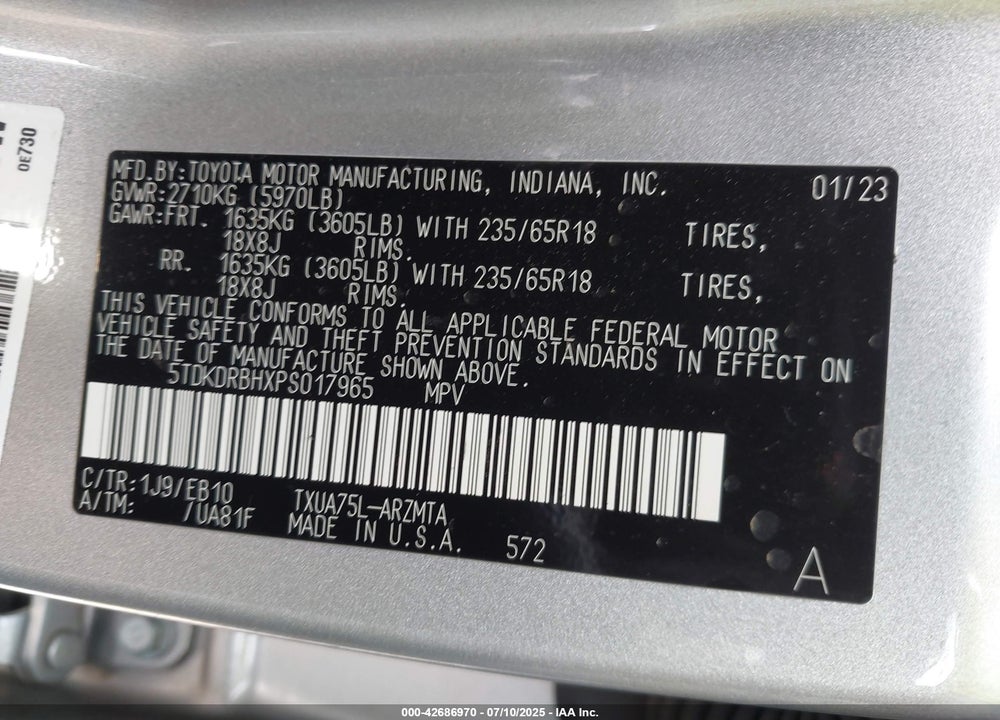 2023 TOYOTA HIGHLANDER VIN: 5TDKDRBHXPS017965