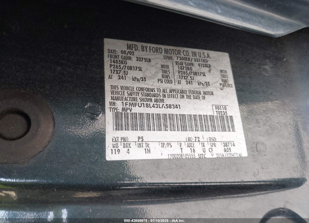 2003 FORD EXPEDITION EDDIE BAUER VIN: 1FMFU18L43LA58341