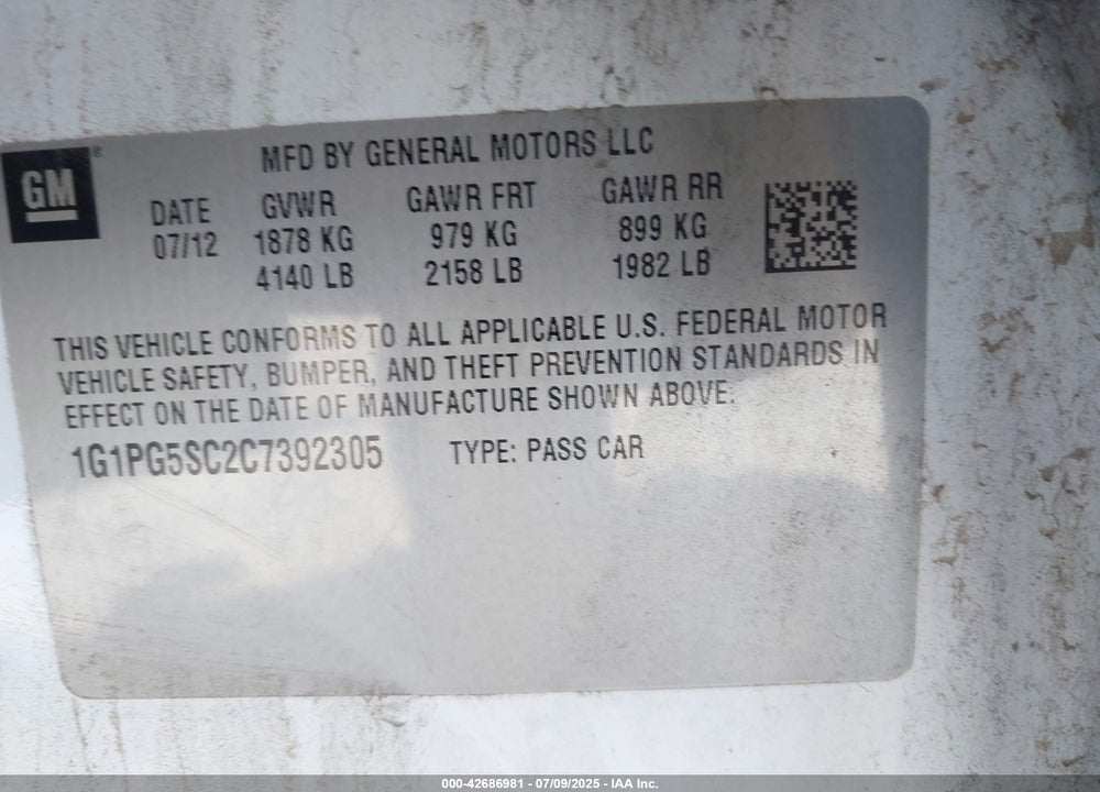 2012 CHEVROLET CRUZE VIN: 1G1PG5SC2C7392305