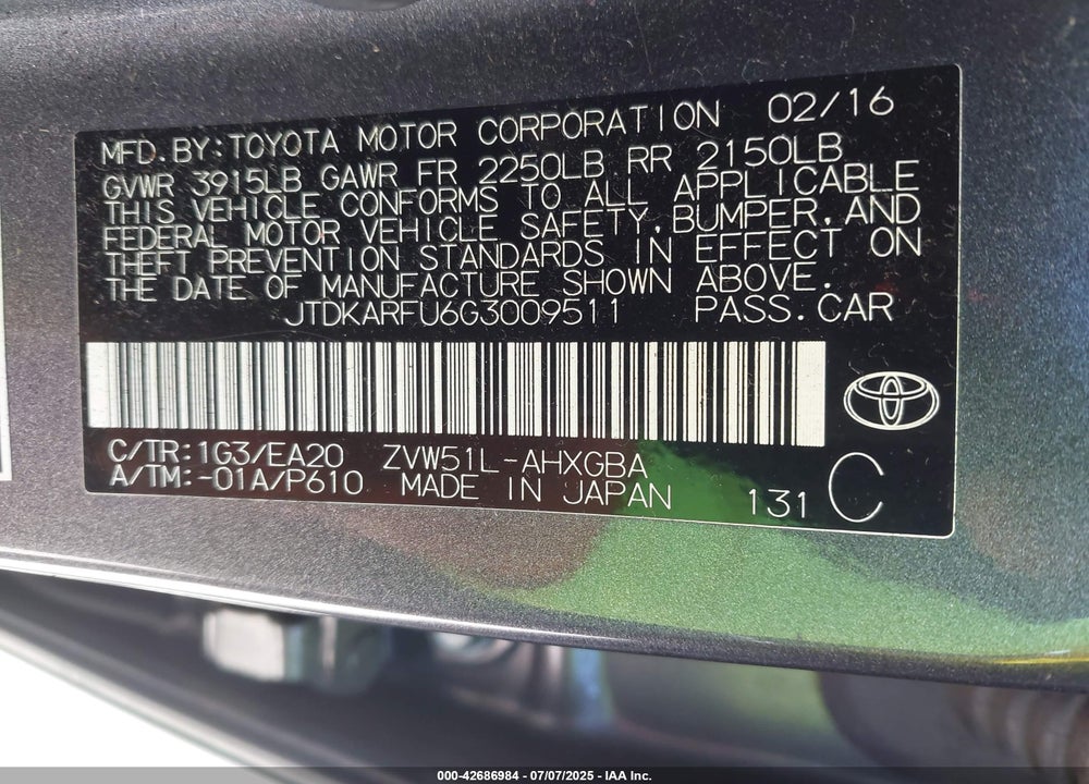 2016 TOYOTA PRIUS VIN: JTDKARFU6G3009511