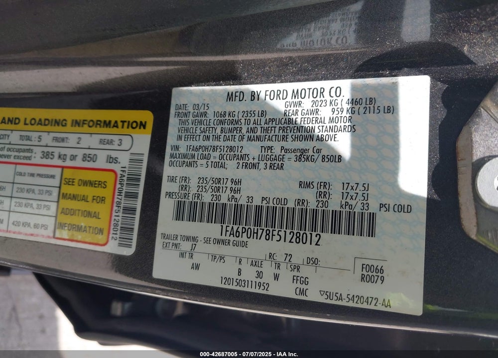 2015 FORD FUSION SE VIN: 1FA6P0H78F5128012