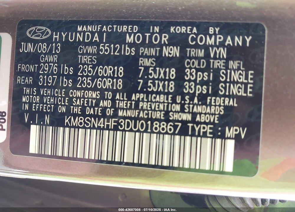 2013 HYUNDAI SANTA FE VIN: KM8SN4HF3DU018867