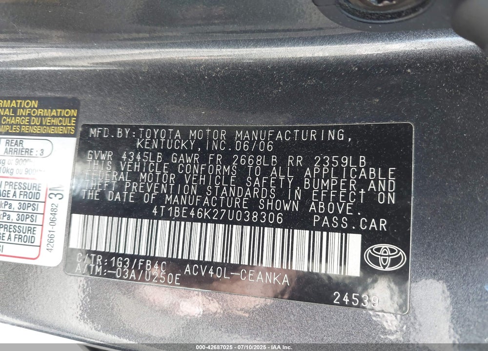 2007 TOYOTA CAMRY VIN: 4T1BE46K27U038306