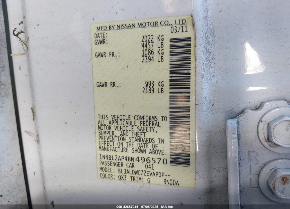 2011 NISSAN ALTIMA VIN: 1N4BL2AP4BN496570