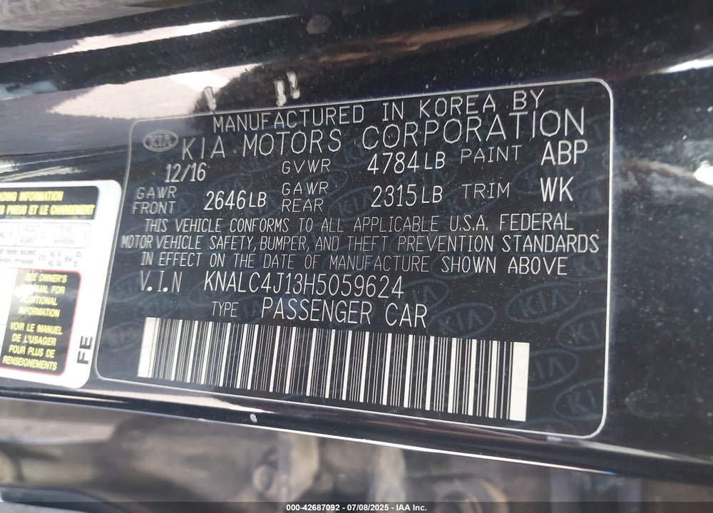 2017 KIA CADENZA VIN: KNALC4J13H5059624