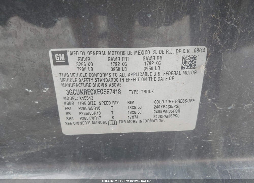 2014 CHEVROLET SILVERADO 1500 VIN: 3GCUKRECXEG567418