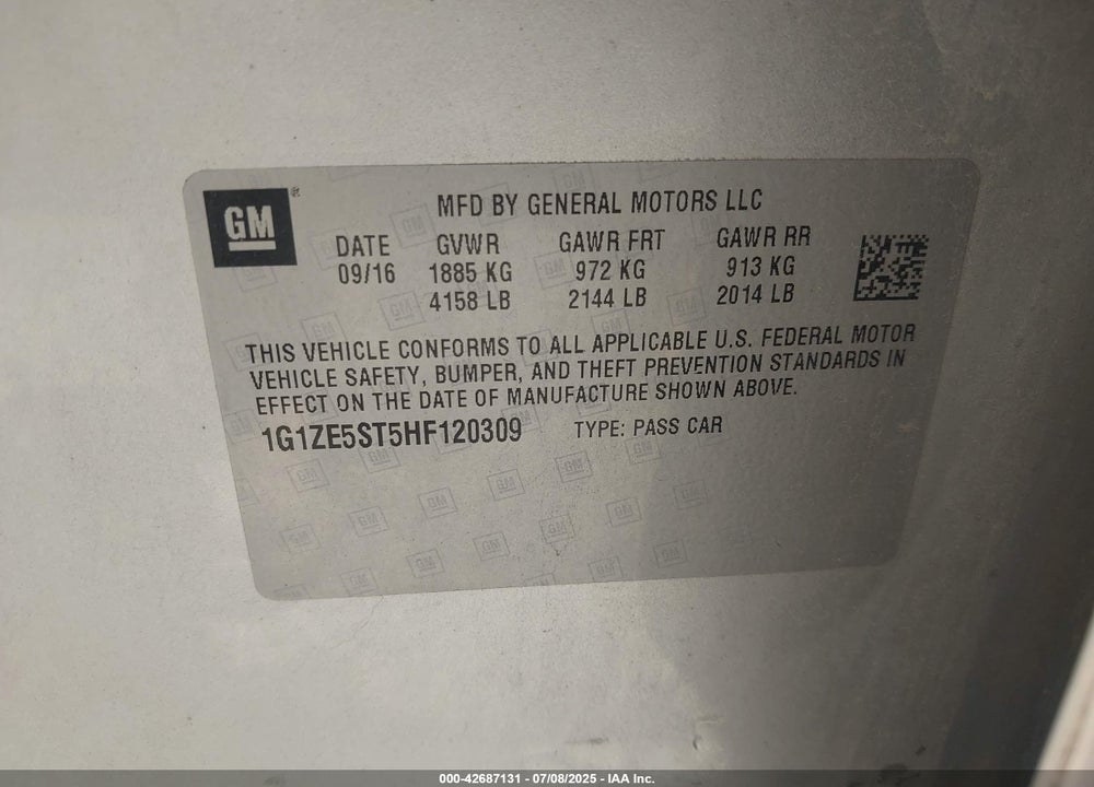 2017 CHEVROLET MALIBU VIN: 1G1ZE5ST5HF120309