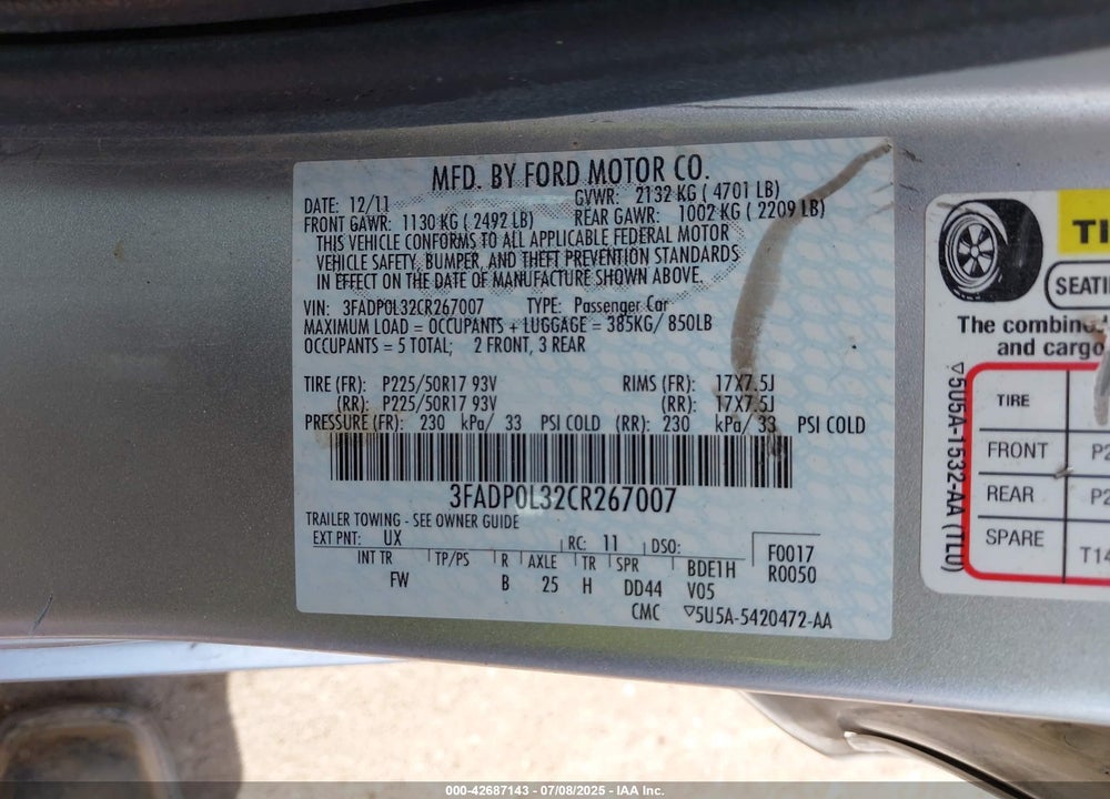 2012 FORD FUSION HYBRID VIN: 3FADP0L32CR267007