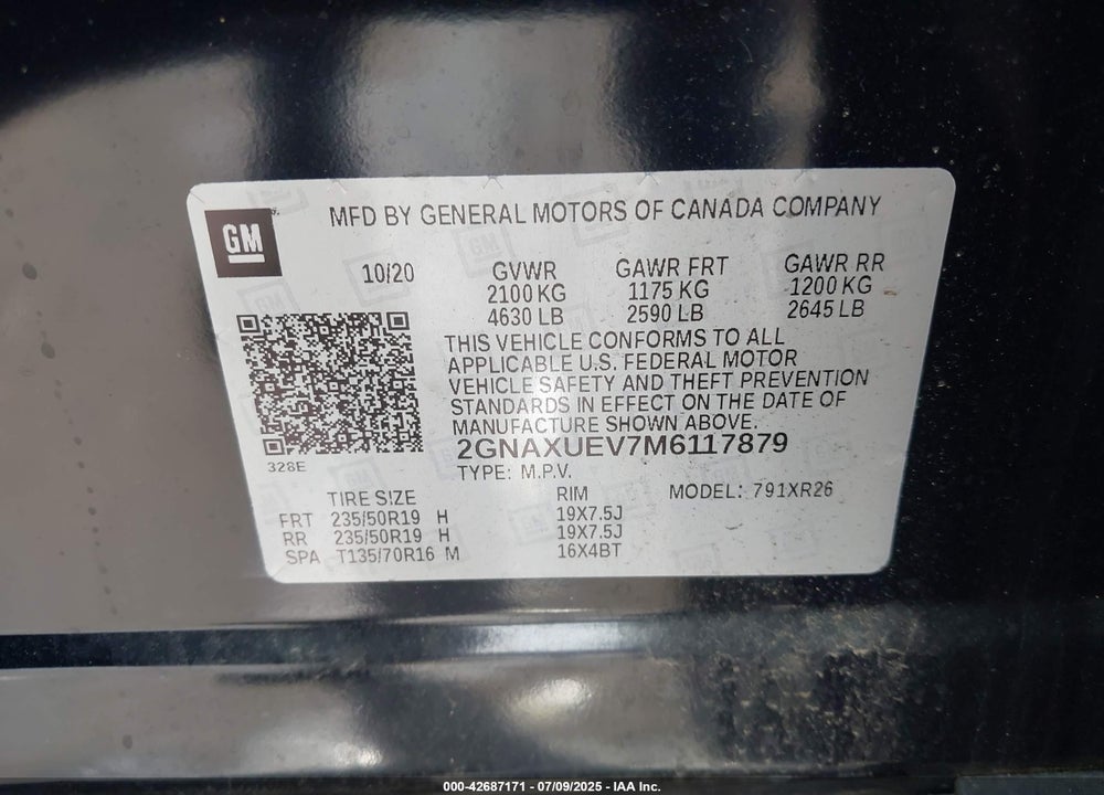2021 CHEVROLET EQUINOX VIN: 2GNAXUEV7M6117879