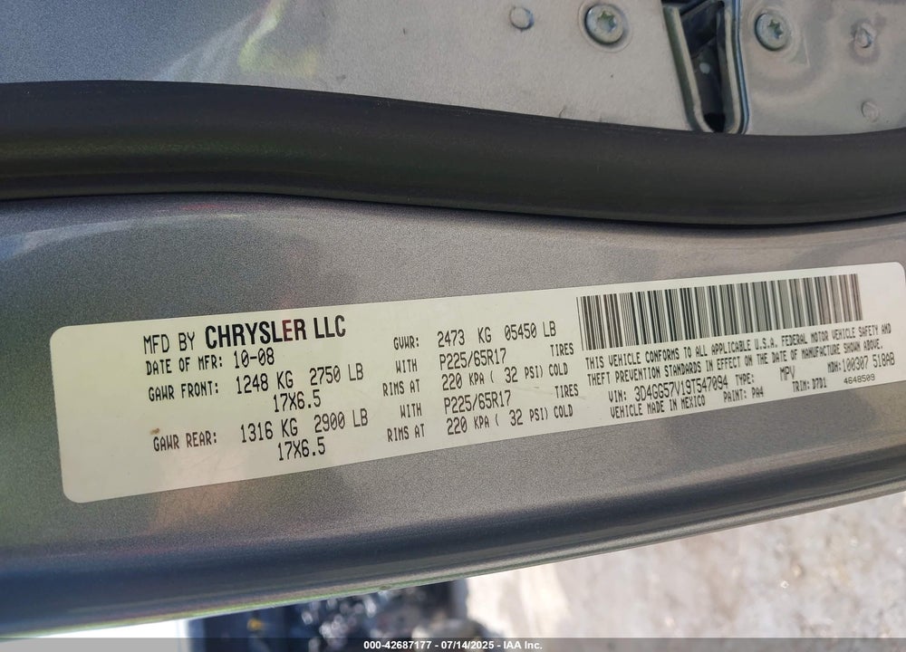 2009 DODGE JOURNEY VIN: 3D4GG57V19T547094