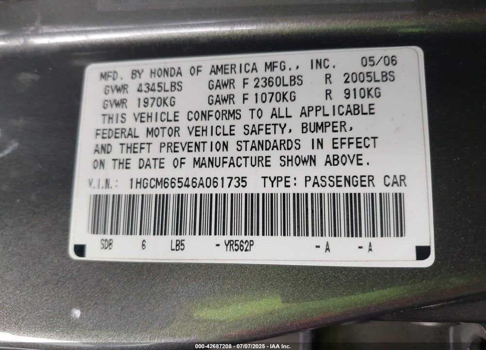 2006 HONDA ACCORD VIN: 1HGCM66546A061735