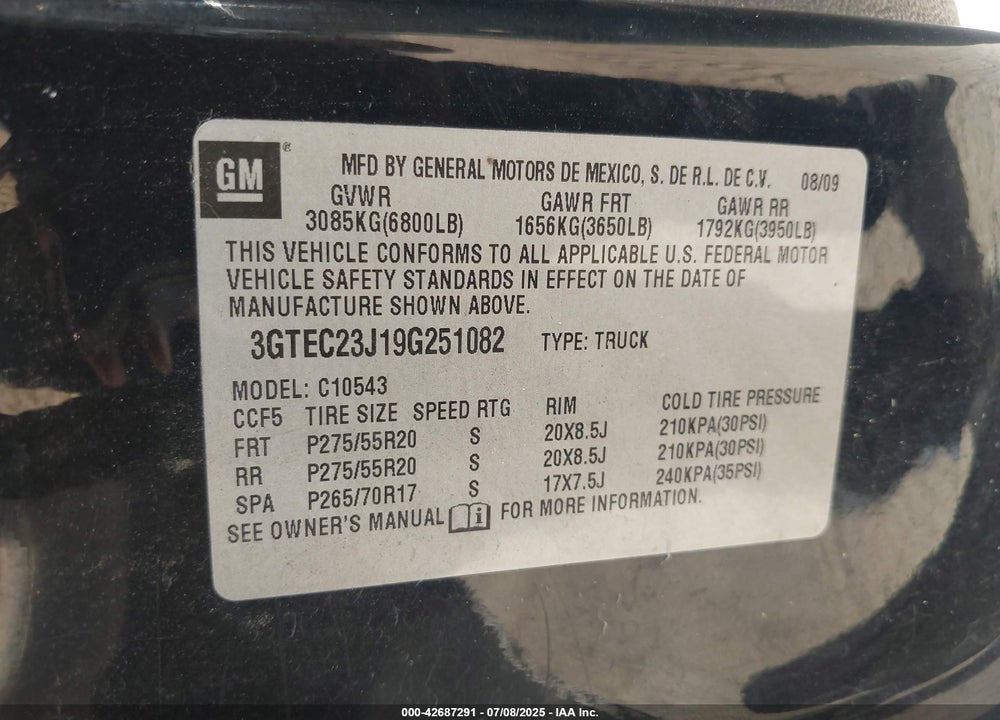 2009 GMC SIERRA 1500 VIN: 3GTEC23J19G251082