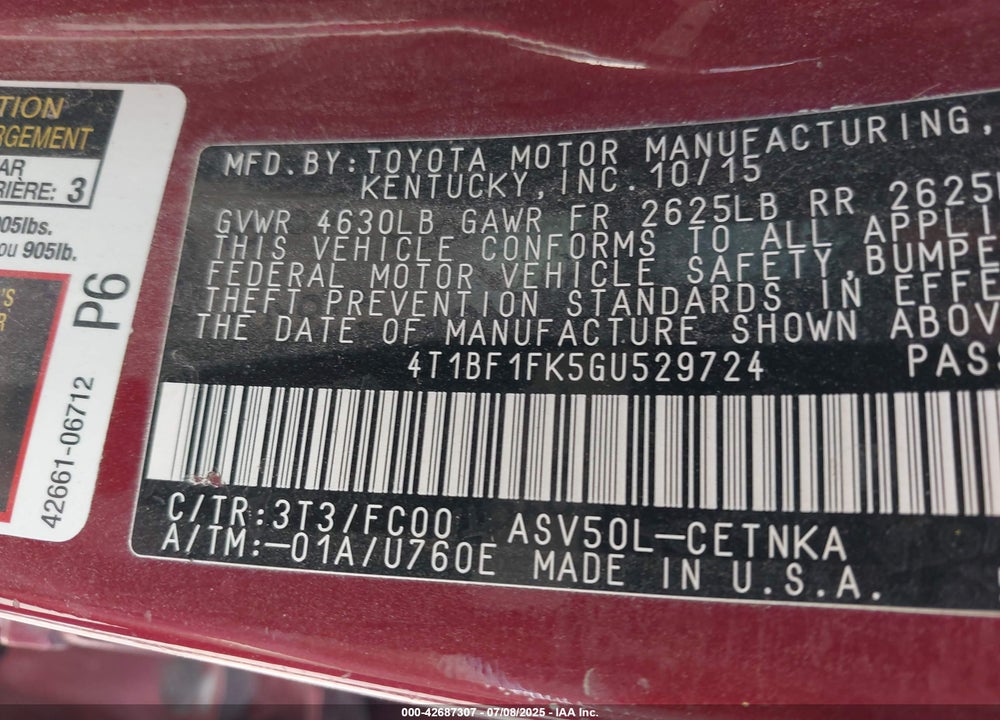 2016 TOYOTA CAMRY VIN: 4T1BF1FK5GU529724