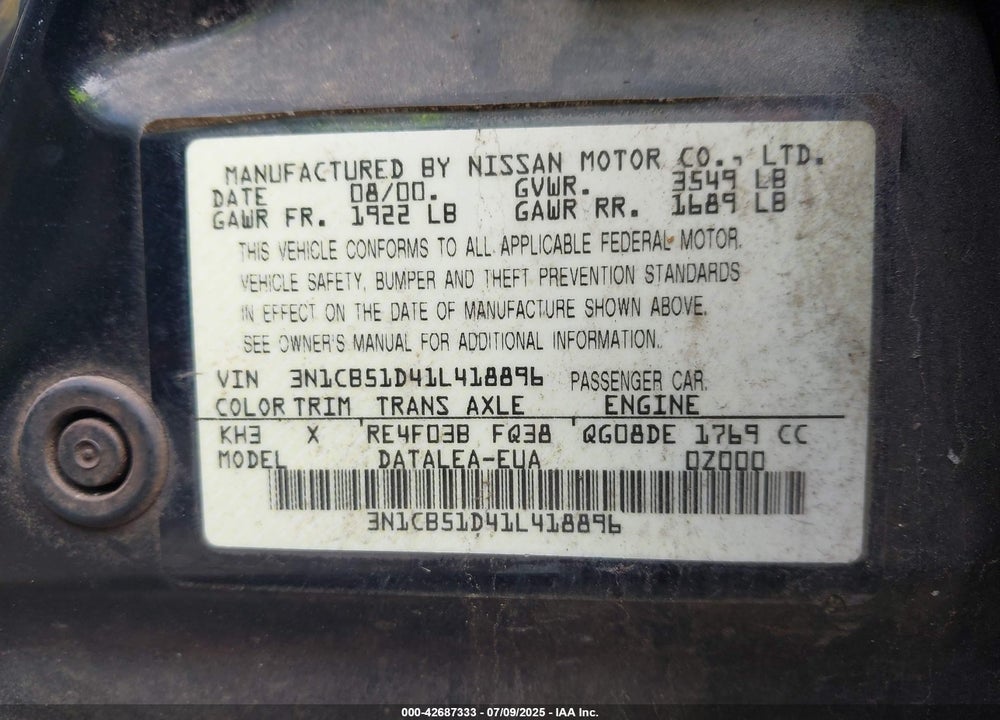 2001 NISSAN SENTRA GXE VIN: 3N1CB51D41L418896