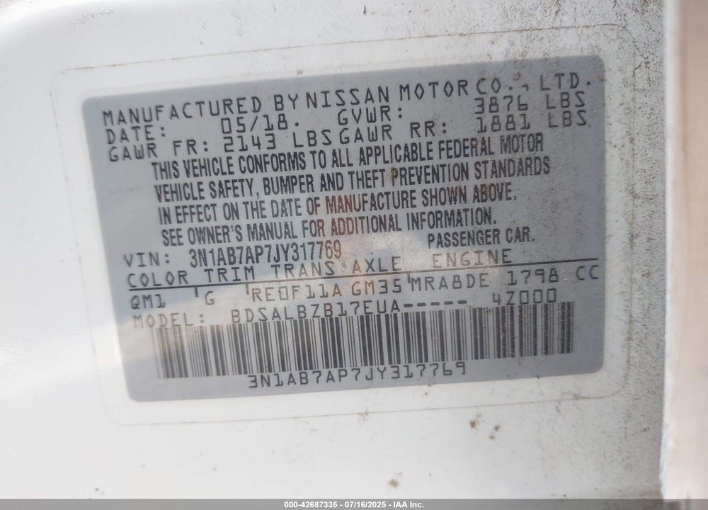 2018 NISSAN SENTRA VIN: 3N1AB7AP7JY317769