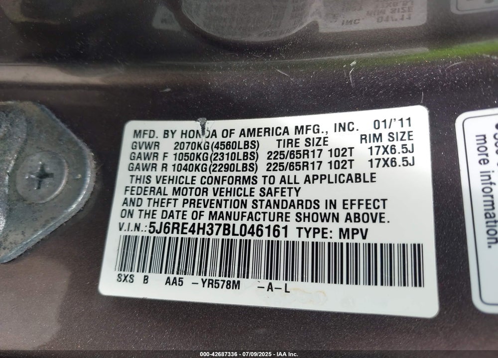 2011 HONDA CR-V VIN: 5J6RE4H37BL046161