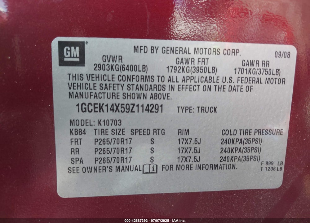2009 CHEVROLET SILVERADO 1500 WORK TRUCK VIN: 1GCEK14X59Z114291