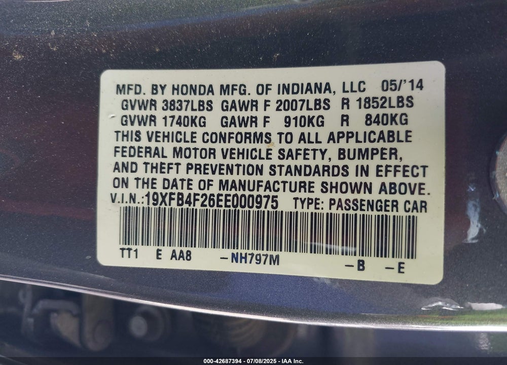 2014 HONDA CIVIC HYBRID VIN: 19XFB4F26EE000975