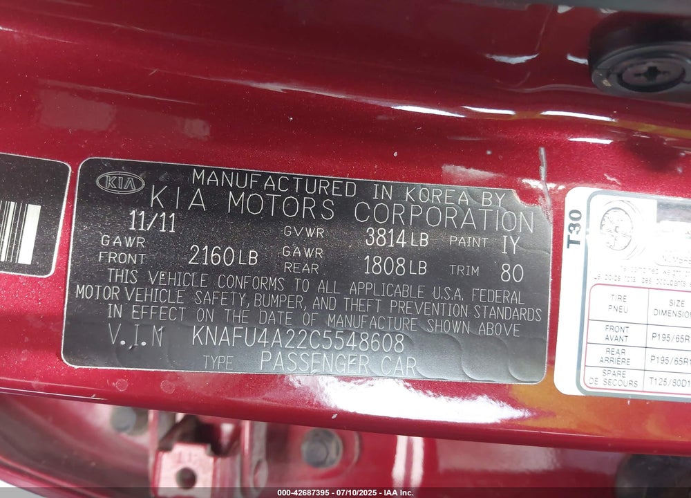 2012 KIA FORTE VIN: KNAFU4A22C5548608