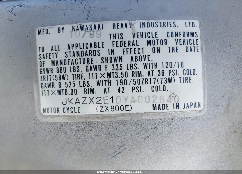 2000 KAWASAKI ZX900 E VIN: JKAZX2E10YA002640