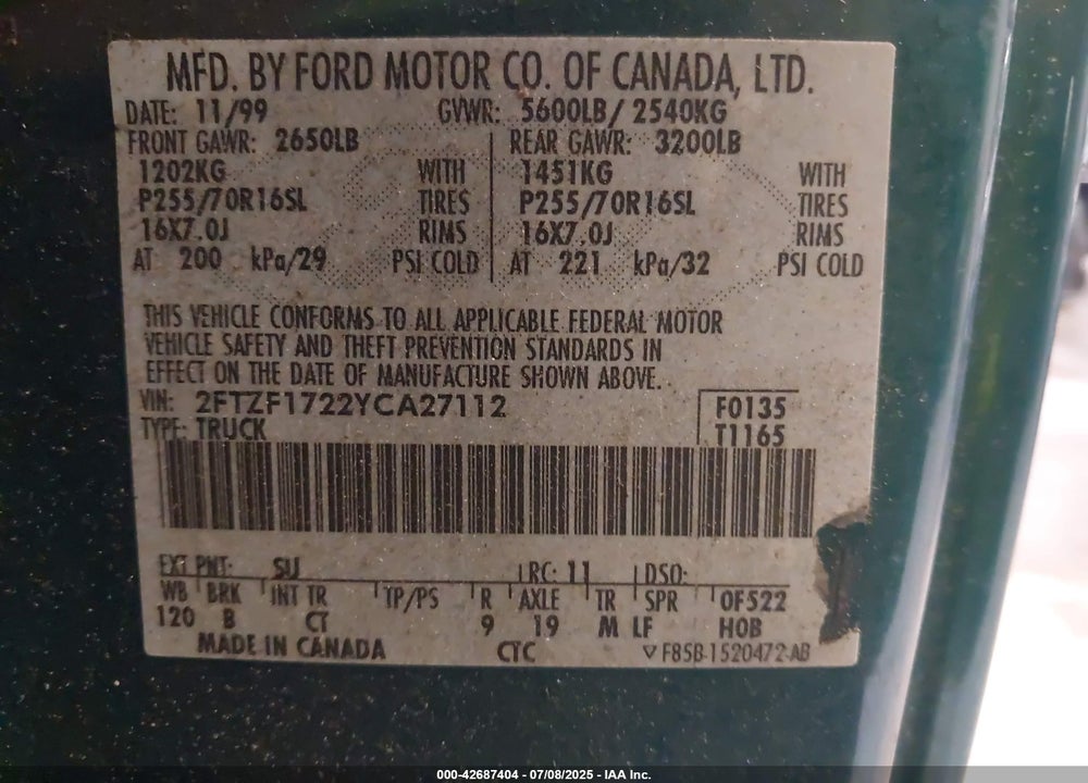 2000 FORD F-150 WORK SERIES/XL/XLT VIN: 2FTZF1722YCA27112