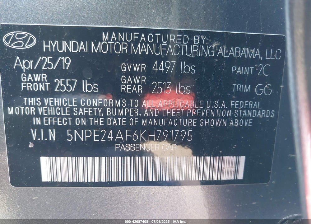 2019 HYUNDAI SONATA VIN: 5NPE24AF6KH791795