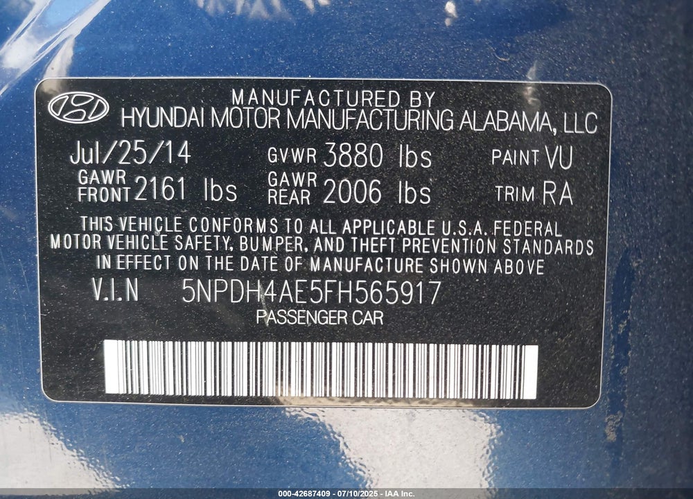 2015 HYUNDAI ELANTRA VIN: 5NPDH4AE5FH565917
