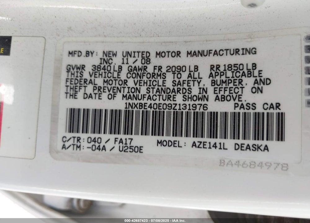 2009 TOYOTA COROLLA VIN: 1NXBE40E09Z131976