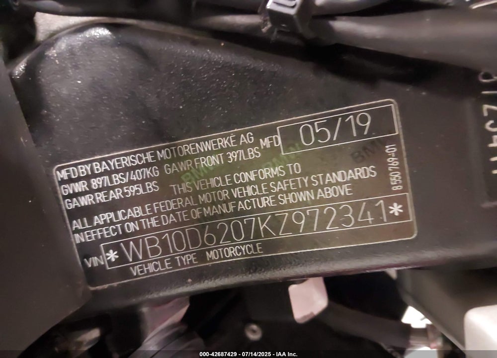 2019 BMW S 1000 R VIN: WB10D6207KZ972341