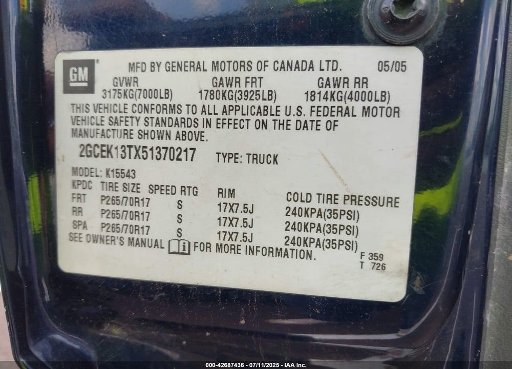 2005 CHEVROLET SILVERADO 1500 VIN: 2GCEK13TX51370217