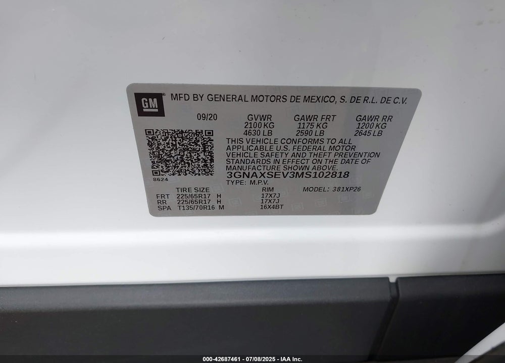2021 CHEVROLET EQUINOX AWD LS VIN: 3GNAXSEV3MS102818