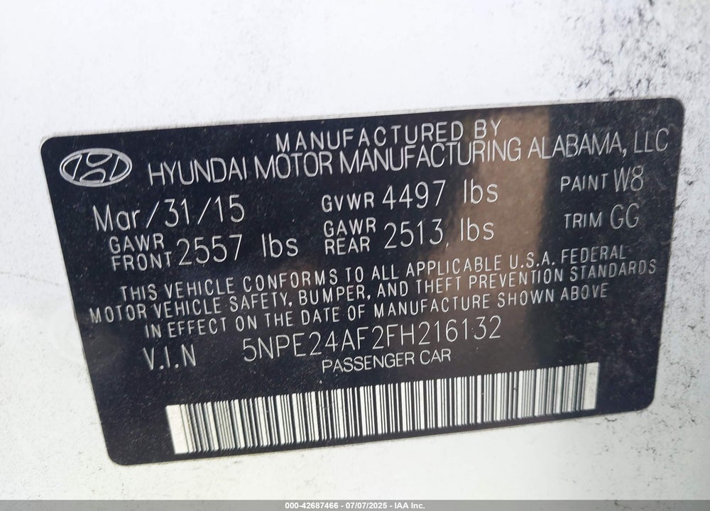 2015 HYUNDAI SONATA VIN: 5NPE24AF2FH216132