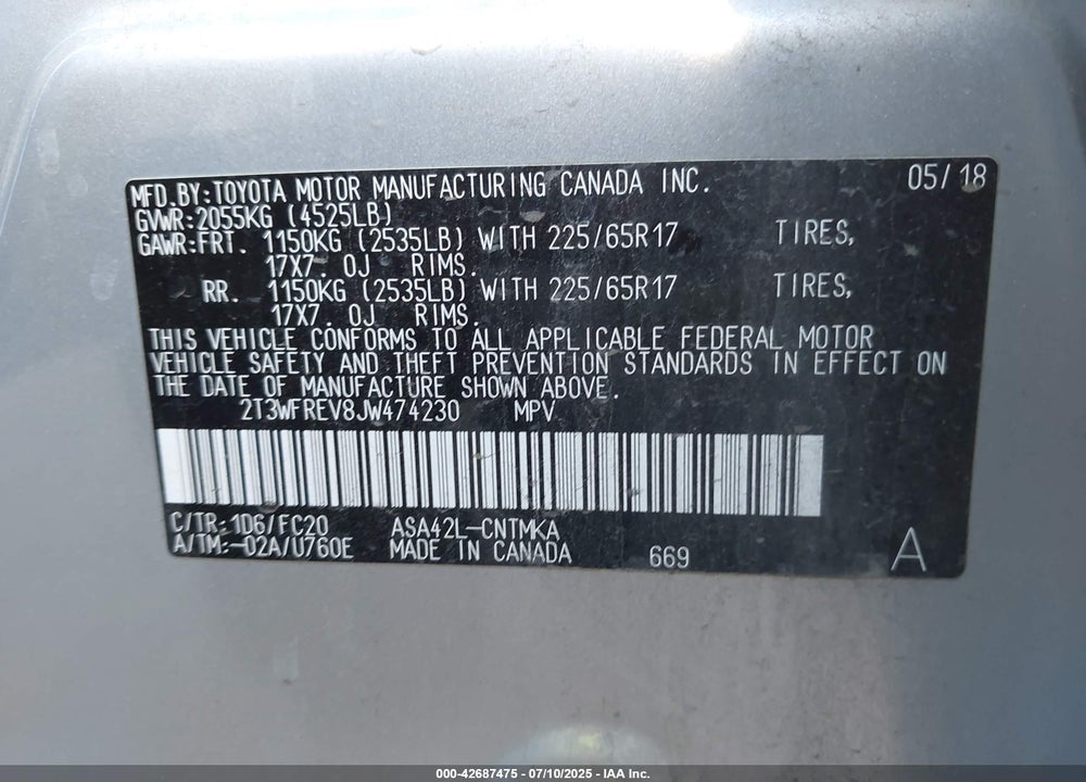 2018 TOYOTA RAV4 XLE VIN: 2T3WFREV8JW474230