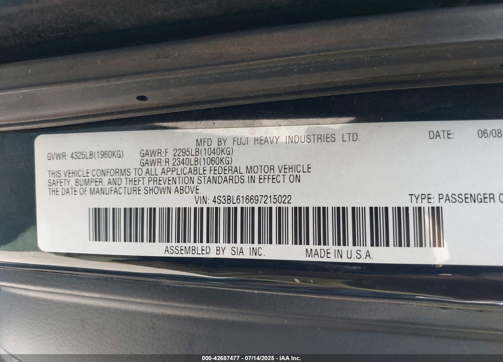 2009 SUBARU LEGACY VIN: 4S3BL616697215022