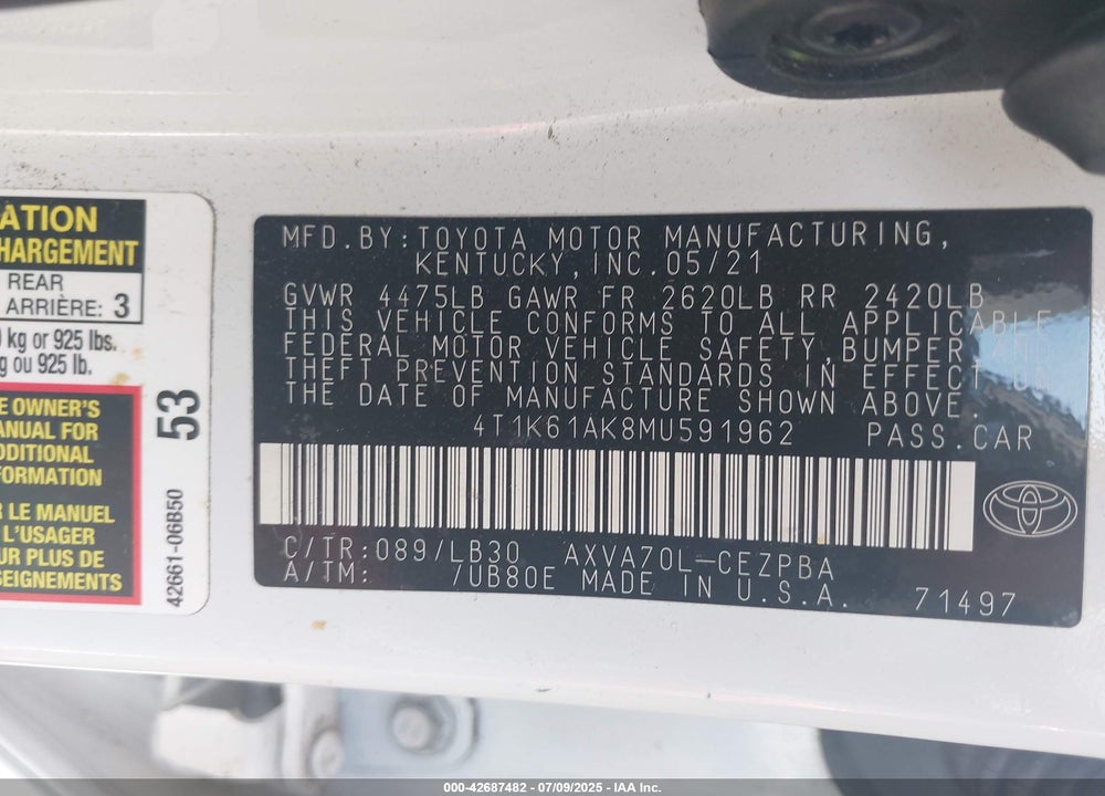 2021 TOYOTA CAMRY XSE VIN: 4T1K61AK8MU591962