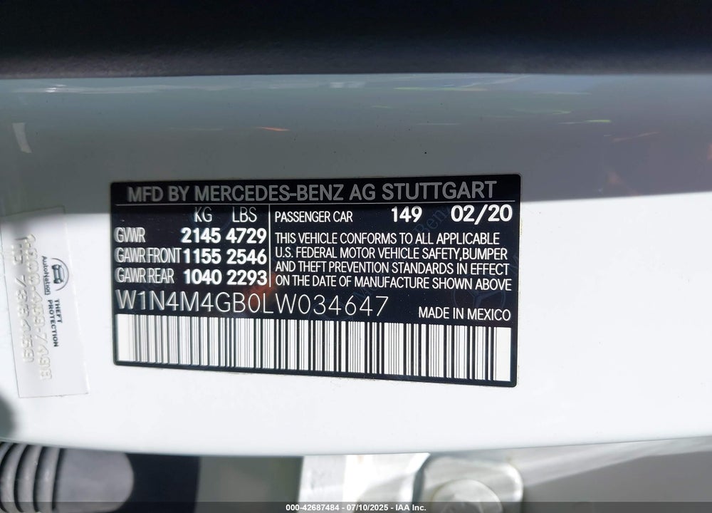 2020 MERCEDES-BENZ GLB-CLASS VIN: W1N4M4GB0LW034647