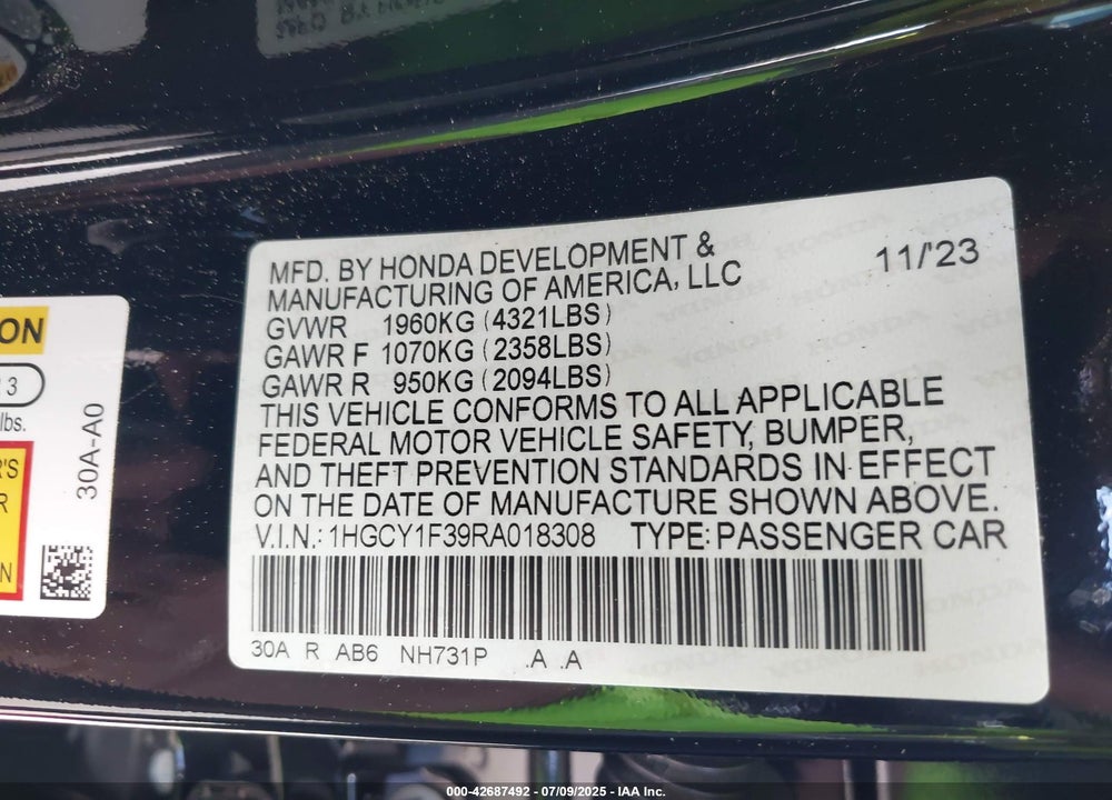 2024 HONDA ACCORD VIN: 1HGCY1F39RA018308