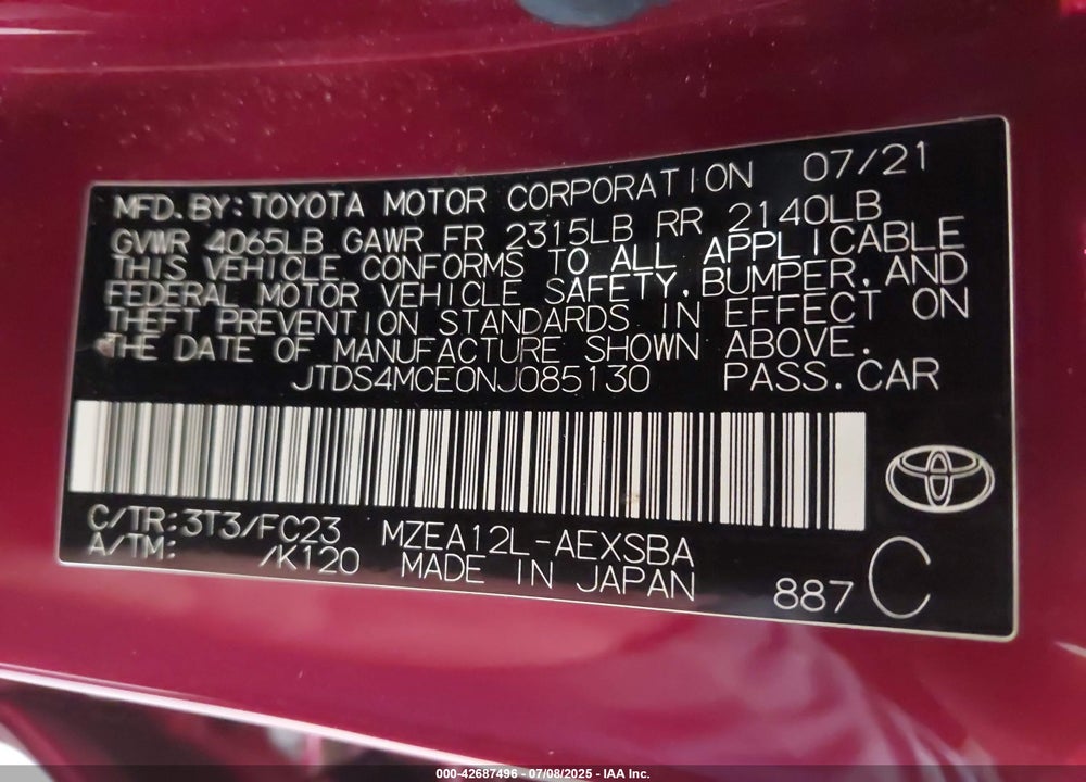 2022 TOYOTA COROLLA VIN: JTDS4MCE0NJ085130