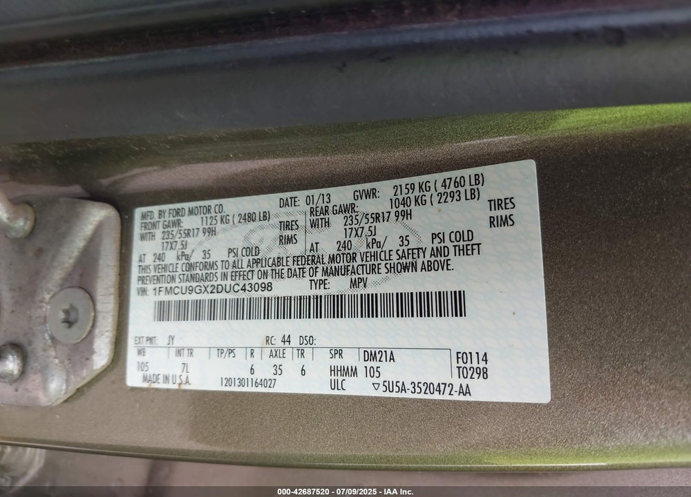 2013 FORD ESCAPE VIN: 1FMCU9GX2DUC43098